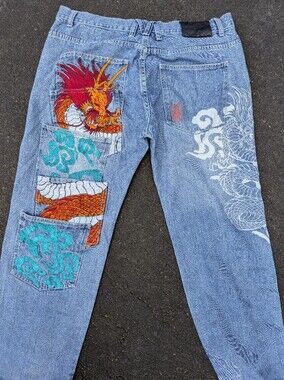 Japanese Streetwear Stacked Pocket Vintage Skater Style Embellished Jeans 40W